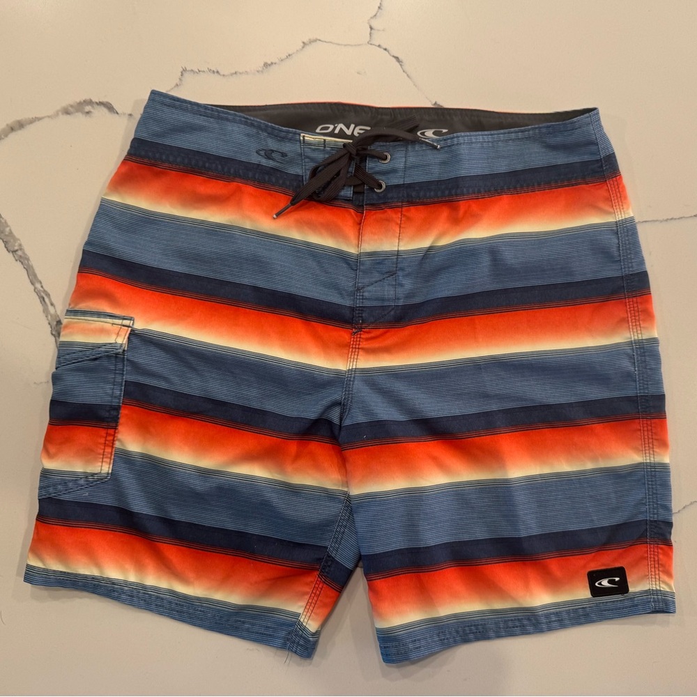 O'Neill Men's Blue and Orange Striped Board Shorts with Navy and Yellow Accents.